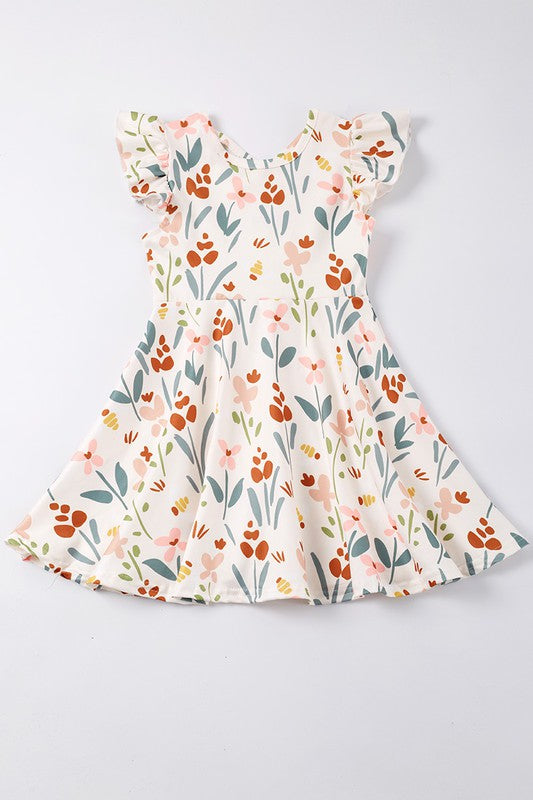 Beige floral print ruffle dress - bertofonsi
