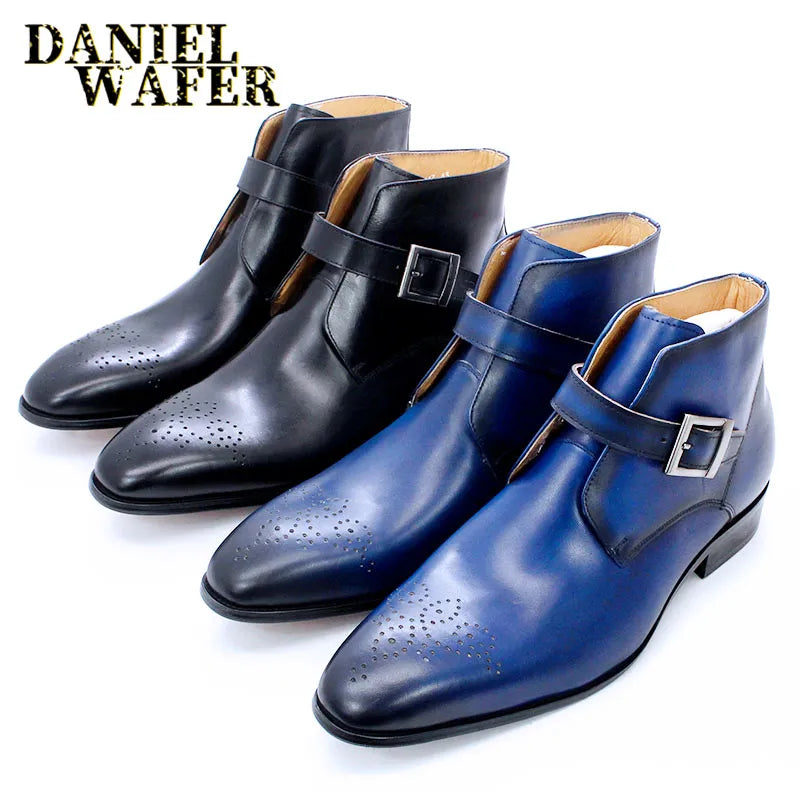 Luxury Men's Boots Genuine Leather Basic Ankle Boot Men Dress Shoes Black Blue Pointed Toe Slip On Buckle Strap Casual Men Boots - bertofonsi