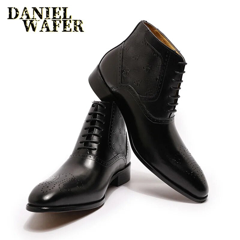 Luxury Men Ankle Boots Genuine Leather Shoes Fashion Printed Medallion Lace Up Pointed Toe Dress Wedding Office Basic Boots Men - bertofonsi