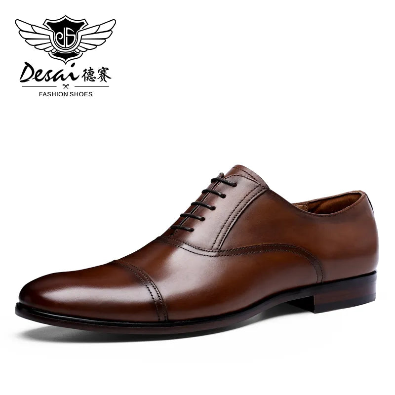 DESAI Brand Full Grain Genuine Leather Business Men Dress Shoes Retro Patent Leather Oxford Shoes For Men EU Size 38-47 - bertofonsi
