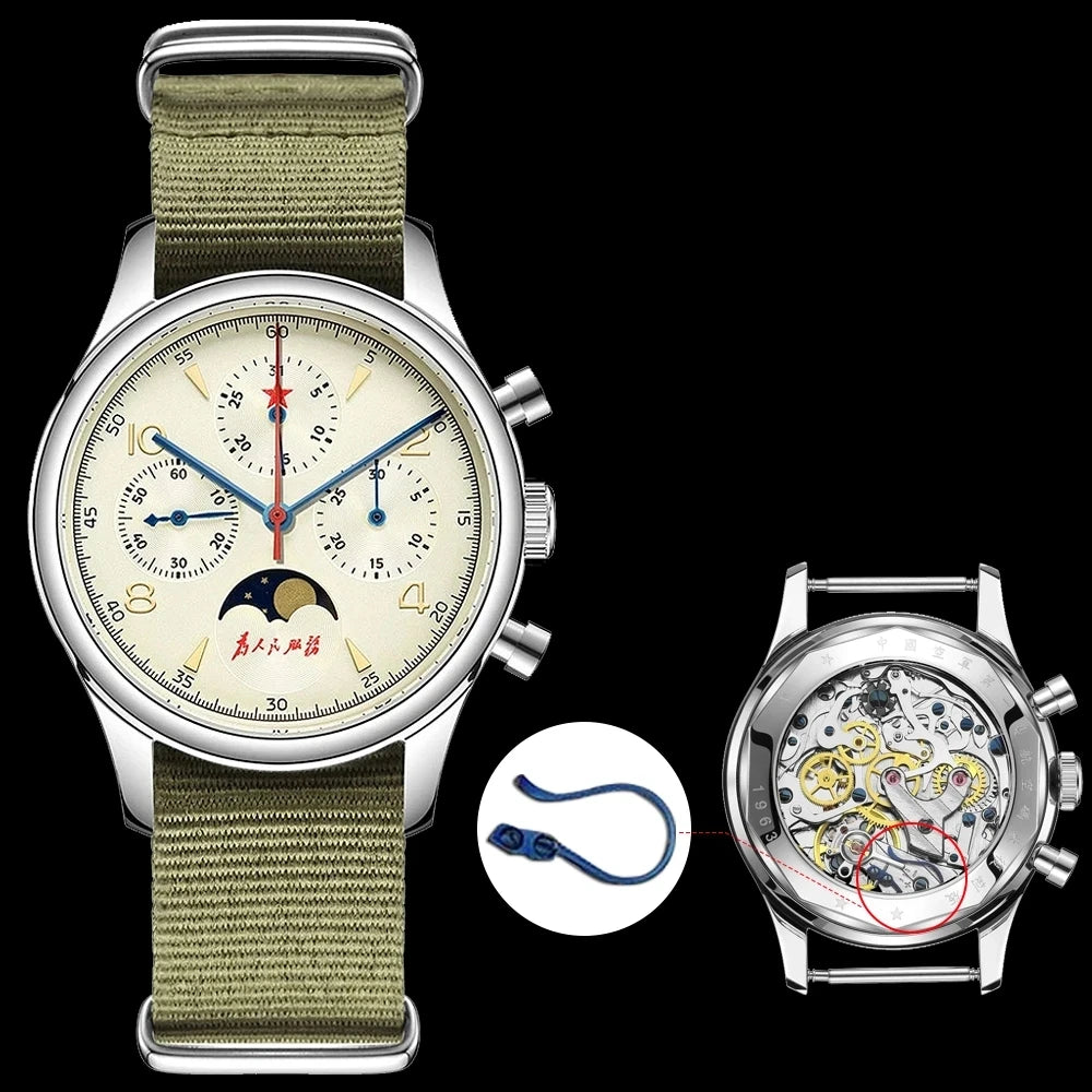 SEAKOSS RED STAR 1963 Chronograph Sapphire Waterproof 40mm Pilot Original ST1908 Mechanical Watch Moon Phase Man Wristwatch - bertofonsi