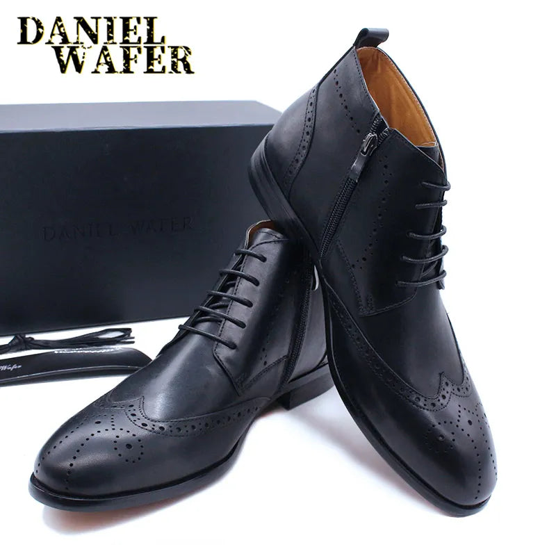 Handmade Men Ankle Boots Casual Leather Shoes Western Cowboy Boots Black Brown Wingtip Lace Up Wedding Office Dress Boots Men - bertofonsi