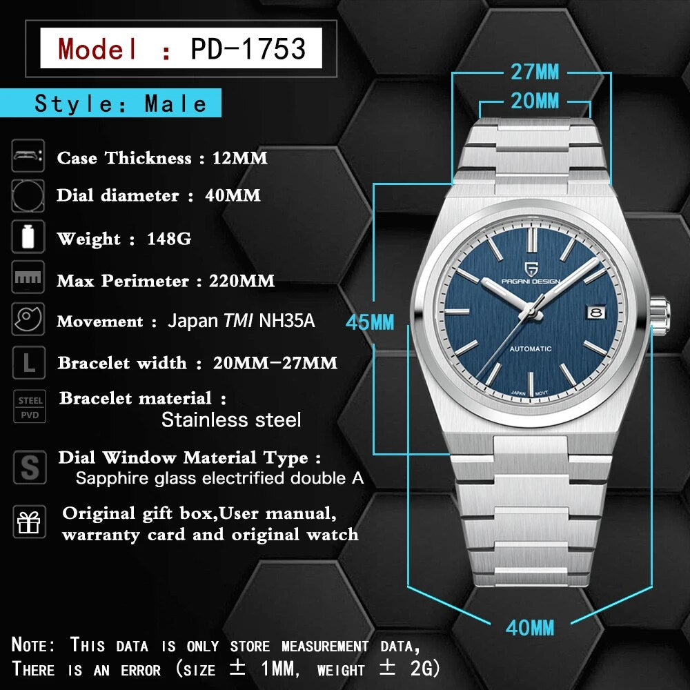 PAGANI DESIGN PD1753 Men Automatic Mechanical Watch 40MM NH35A Sapphire Stainless Steel Waterproof Wristwatch Religio Masculino - bertofonsi
