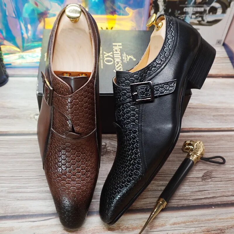 Luxury Men Loafers Shoes Fashion Prints Buckle Strap Men Dress Casual Shoes Black Brown Wedding Office Leather Shoes Men - bertofonsi