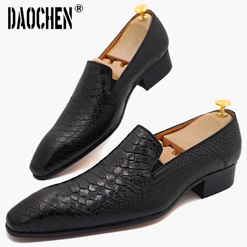 Luxury Men Casual Leather Shoes Snake Prints Black Brown Slip On Mens Dress Shoes Wedding Party Office Loafers Shoes Men - bertofonsi