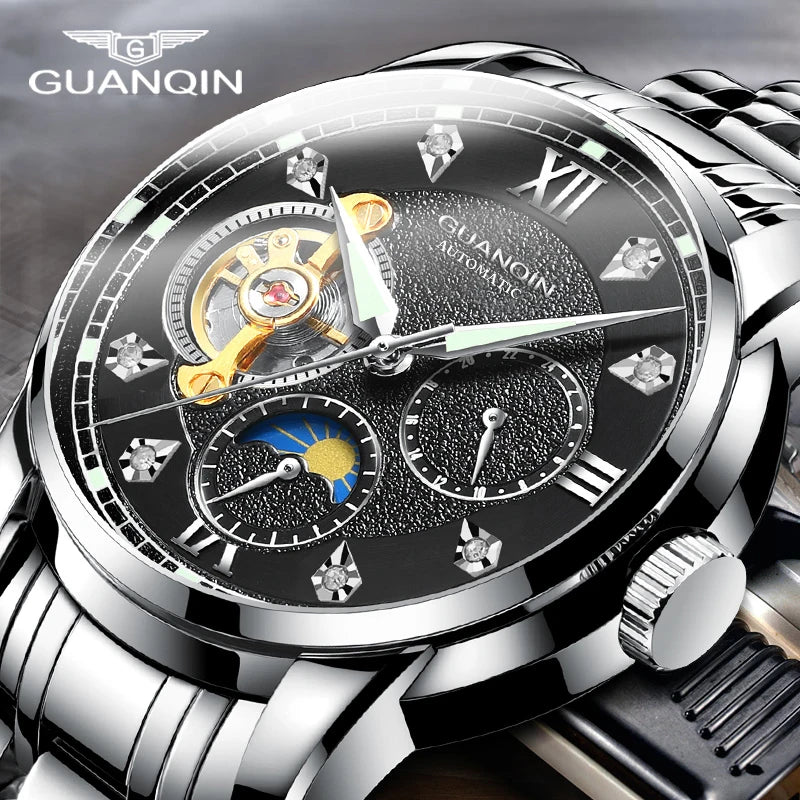 GUANQIN Brand Mechanical Moon Phase watch for men Tourbillon With drill Dial Men watches Stainless steel Waterproof Luxury Watch - bertofonsi
