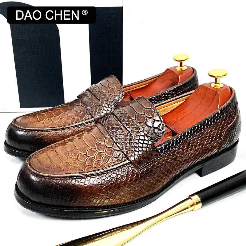 LUXURY MEN LEATHER SHOES BLACK COFFEE SLIP ON SNAKE PRINT DRESS MEN'S CASUAL SHOES WEDDING OFFICE BANQUET Loafers Shoes For Men - bertofonsi