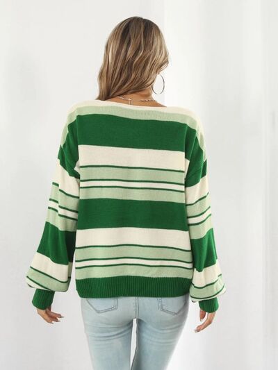 Striped V-Neck Dropped Shoulder Sweater - bertofonsi
