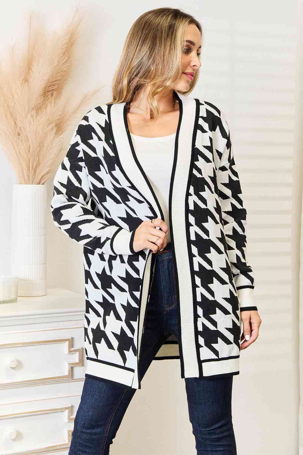Woven Right Houndstooth Open Front Longline Cardigan - bertofonsi