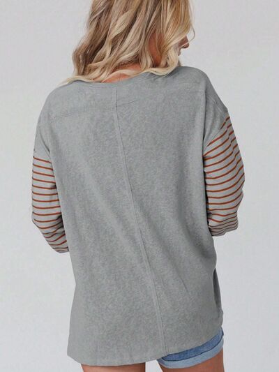 Round Neck Striped Long Sleeve Slit T-Shirt - bertofonsi