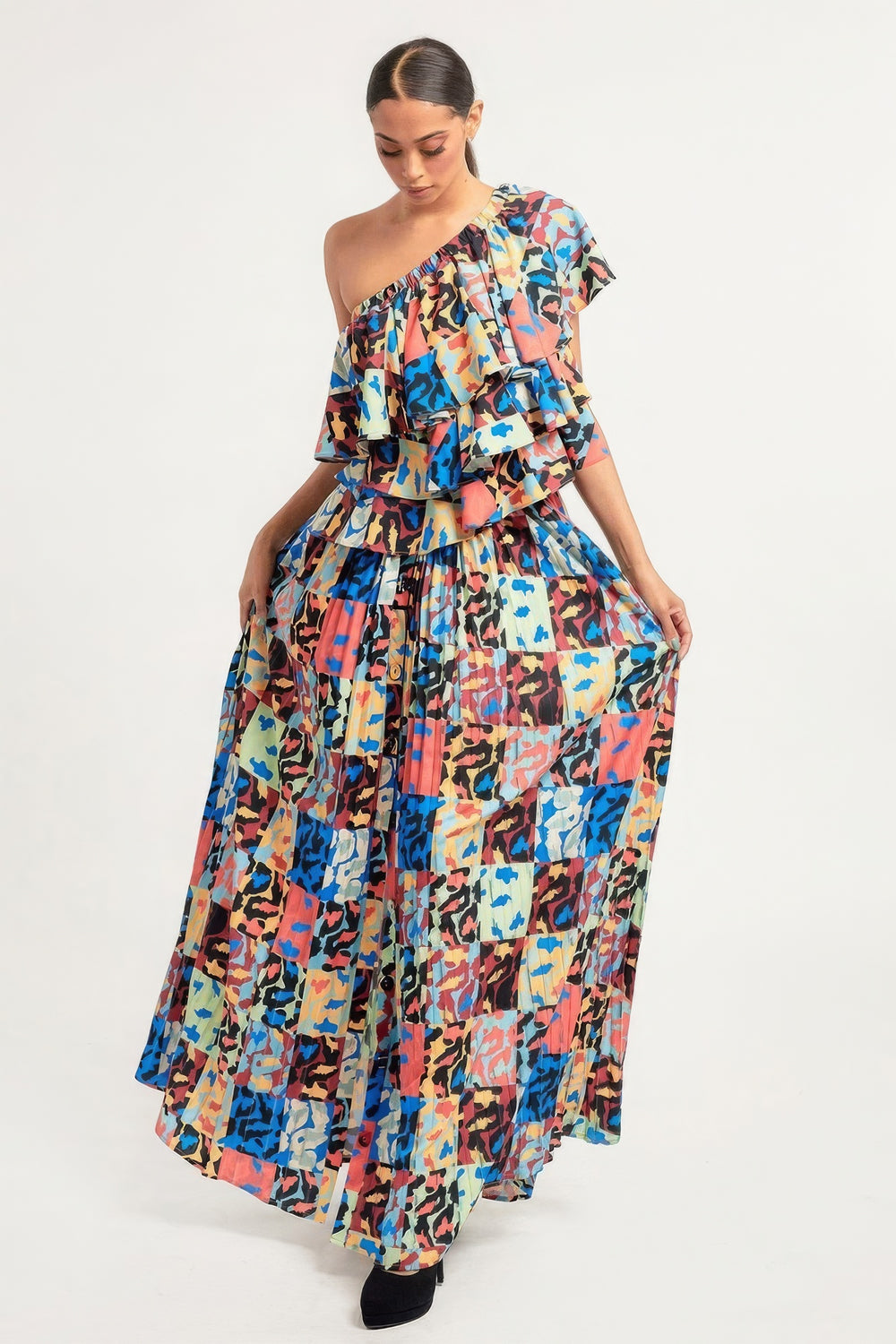 Printed Ruffle Top And Pleated Skirt Set - bertofonsi
