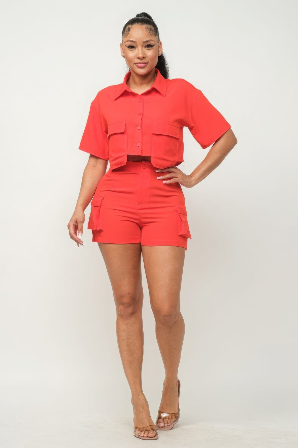 Front Button Down Side Pockets Top And Shorts Set - bertofonsi