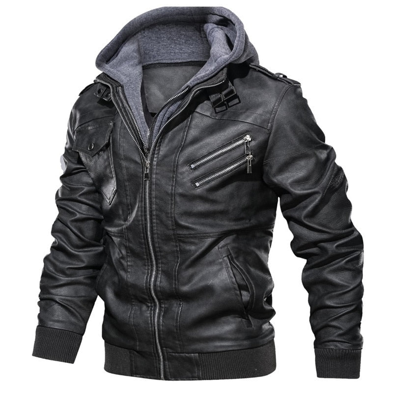 New autumn winter men&#39;s leather motorcycle jacket PU leather hooded jacket warm baseball jacket Euro Size coat - bertofonsi