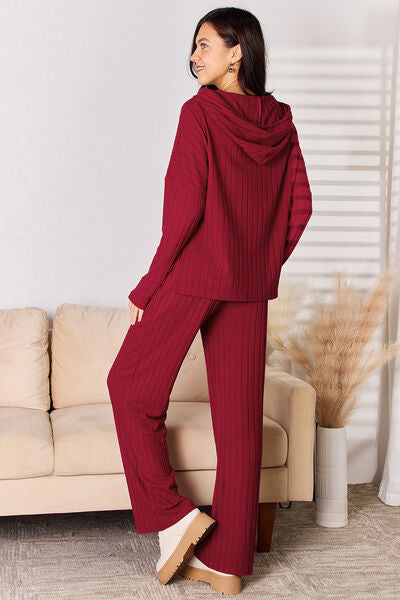 Basic Bae Full Size Ribbed Drawstring Hood Top and Straight Pants Set - bertofonsi