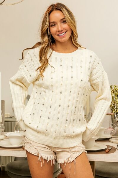 BiBi Pearl & Rhinestone Decor Long Sleeve Sweater - bertofonsi