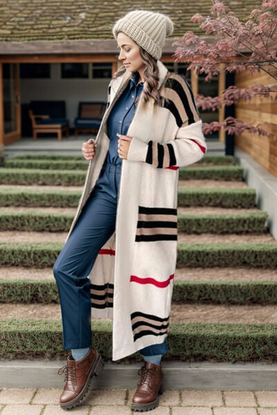 Striped Open Front Long Sleeve Longline Sweater Cardigan - bertofonsi