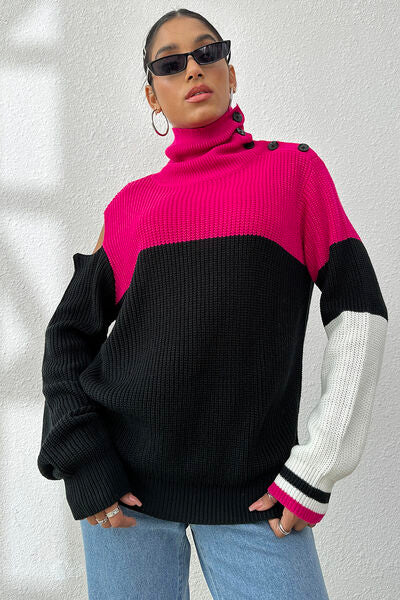 Contrast Buttoned Cutout Long Sleeve Sweater - bertofonsi