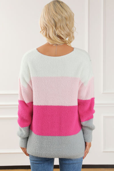 Color Block V-Neck Dropped Shoulder Sweater - bertofonsi