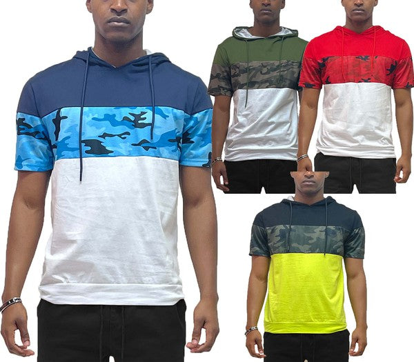 Camo and Solid Design Block Hooded Shirt - bertofonsi