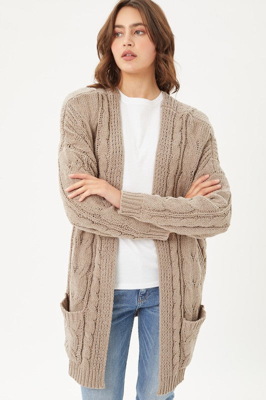 Chenille Cable Knit Oversized Open Front Cardigan - bertofonsi