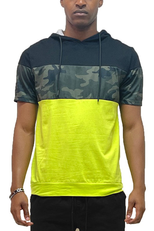 Camo and Solid Design Block Hooded Shirt - bertofonsi