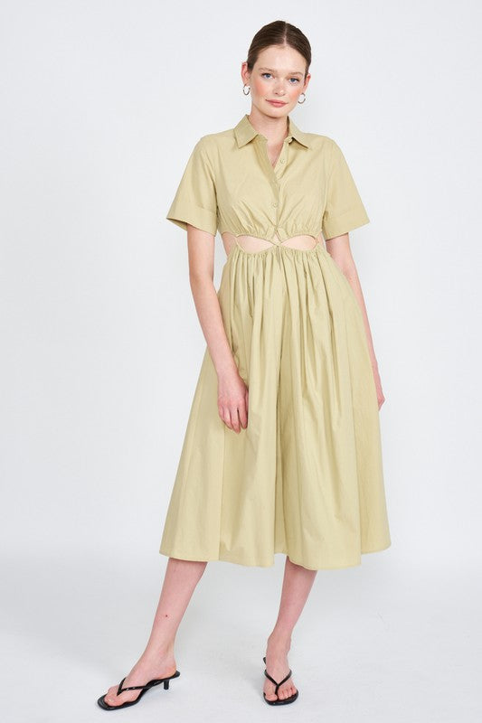 BUTTON UP COLLARED MIDI DRESS WITH CUT OUT - bertofonsi