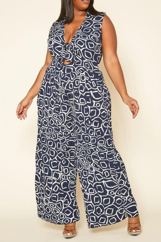 Plus Size Abstract Print Wide Flare Jumpsuit - bertofonsi