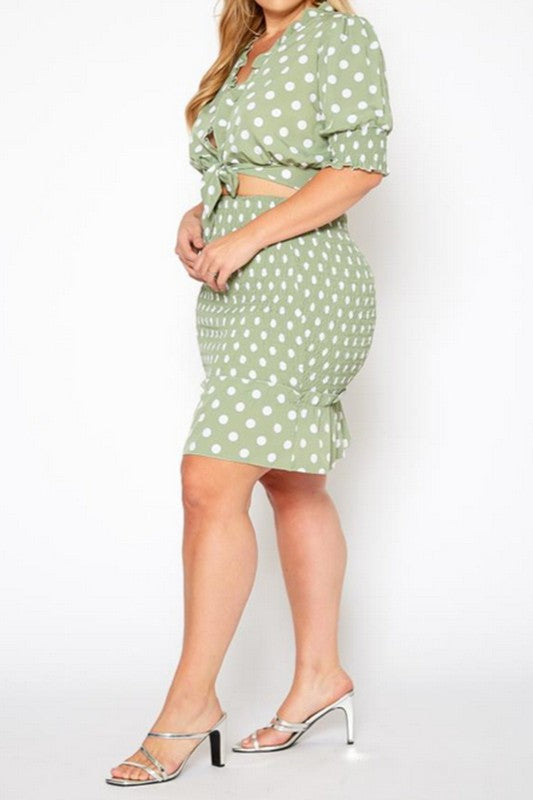 Plus Size Polka Dot Print Crop Top, Mini Skirt Set - bertofonsi