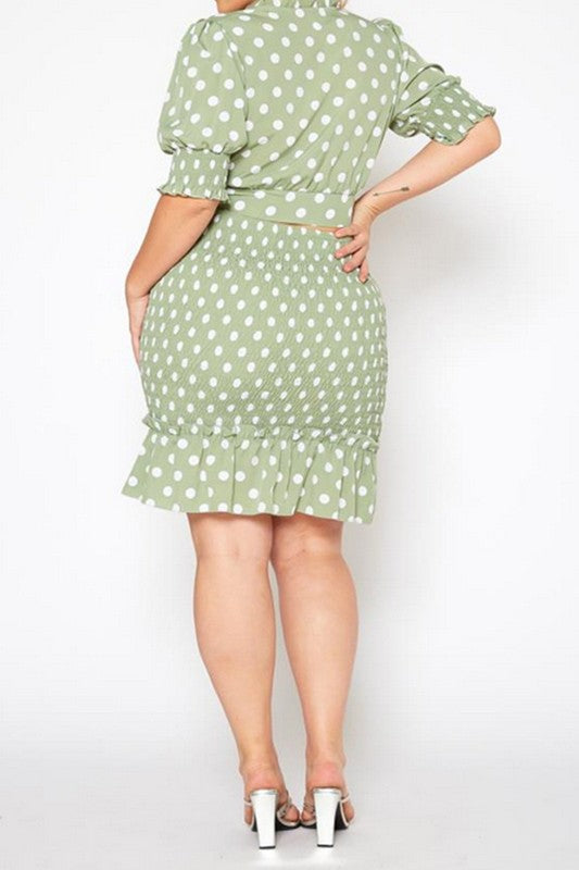 Plus Size Polka Dot Print Crop Top, Mini Skirt Set - bertofonsi