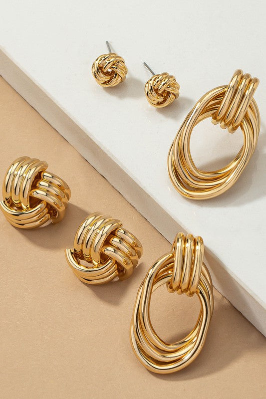Premium trio metal knot and hoop earrings - bertofonsi