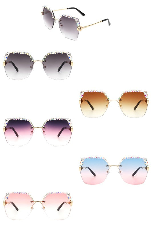 Square Rimless Oversize Rhinestone Sunglasses - bertofonsi