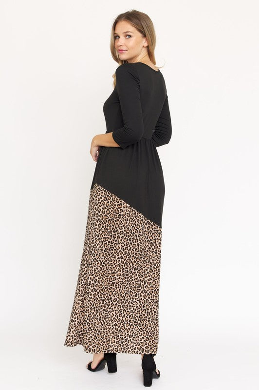 Asymmetrical Leopard Accent Maxi Dress - bertofonsi