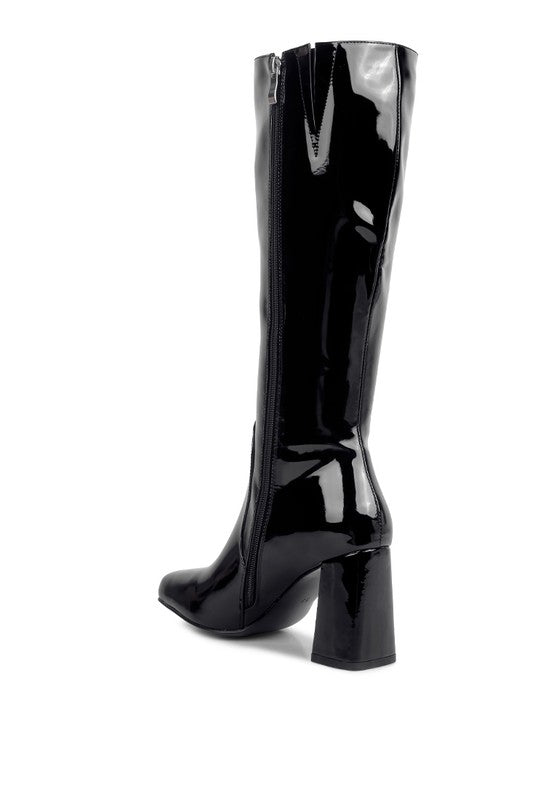 HYPNOTIZE Patent PU Block Heeled Calf Boots - bertofonsi