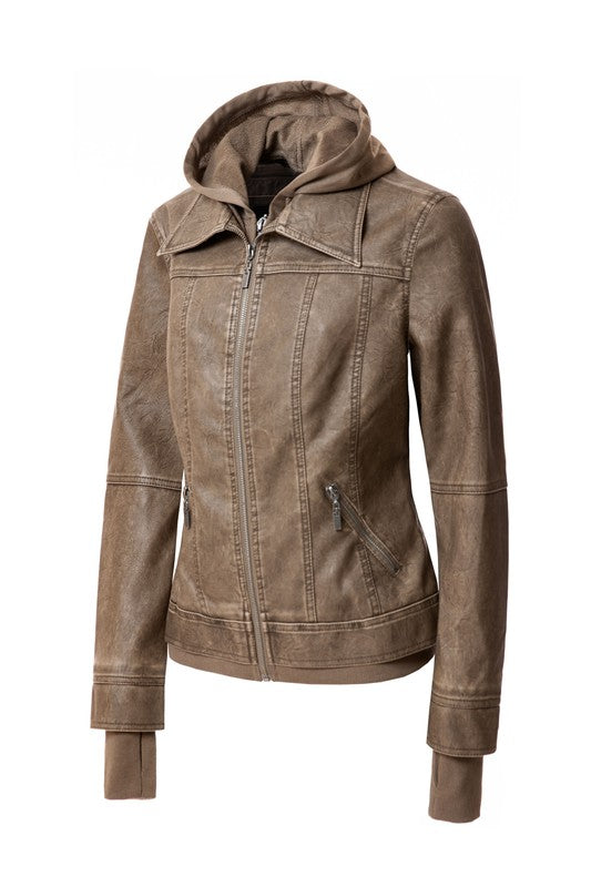 Women's Hood PU Leather Jacket - bertofonsi