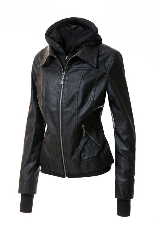 Women's Hood PU Leather Jacket - bertofonsi