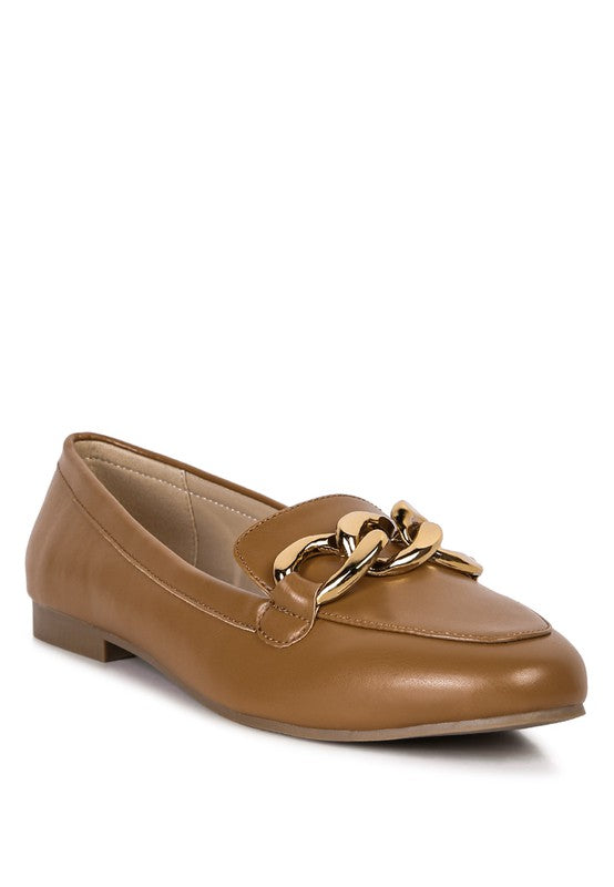 Chunky Metal Chain Faux Leather Loafers - bertofonsi