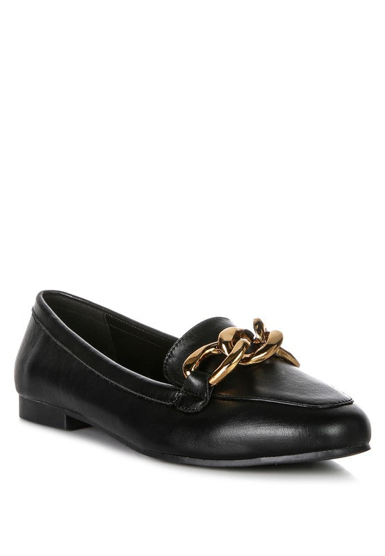 Chunky Metal Chain Faux Leather Loafers - bertofonsi