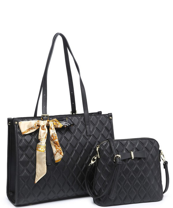 2In1 Quilted Tote Bag with Ribbon Scarf Set 716545 - bertofonsi