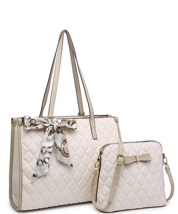 2In1 Quilted Tote Bag with Ribbon Scarf Set 716545 - bertofonsi