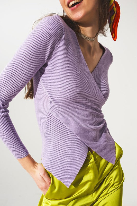 Purple ribbed v neck sweater - bertofonsi
