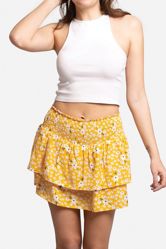 Daisy Pattern Ruffle Tiered Mini Skirt - bertofonsi