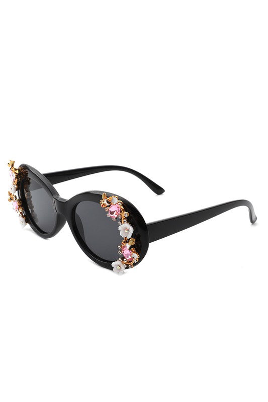 Women Oval Round Floral Design Fashion Sunglasses - bertofonsi