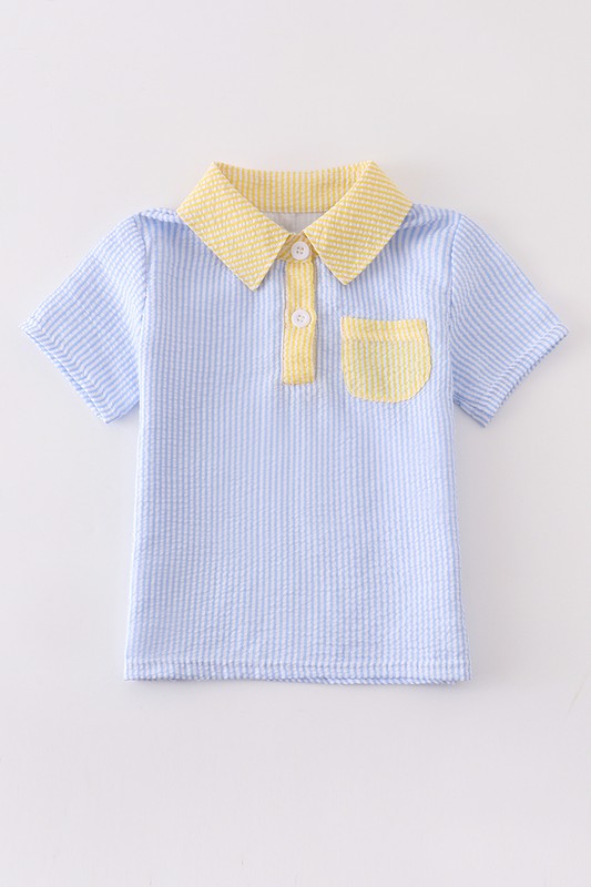 Blue seersuker pocket boy shirt - bertofonsi