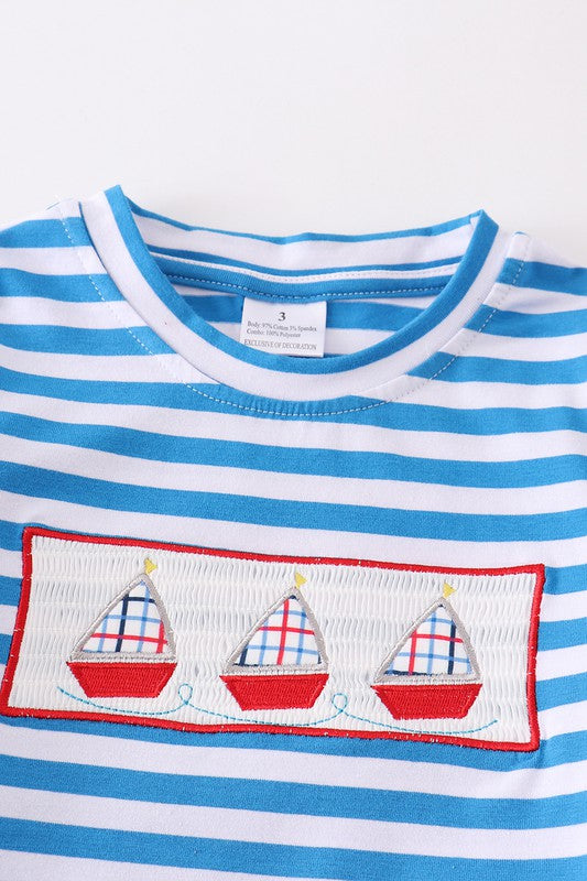 Blue stripe sailing boat applique boy set - bertofonsi