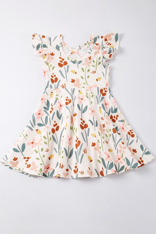 Beige floral print ruffle dress - bertofonsi