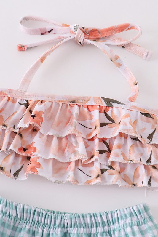 Coral floral print ruffle girl swimsuit - bertofonsi