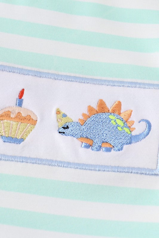 Dinosaur birthday cake embroidery stripe boy set - bertofonsi