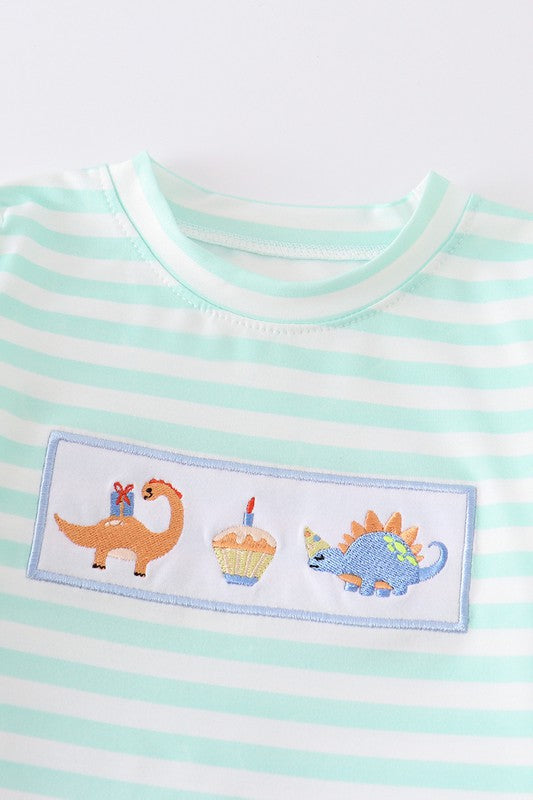 Dinosaur birthday cake embroidery stripe boy set - bertofonsi