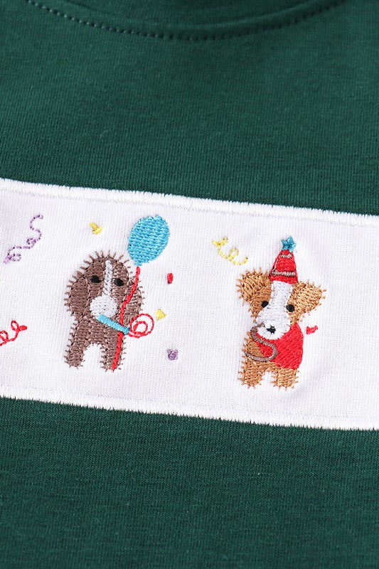 Green dog embroidery birtheday boy top - bertofonsi