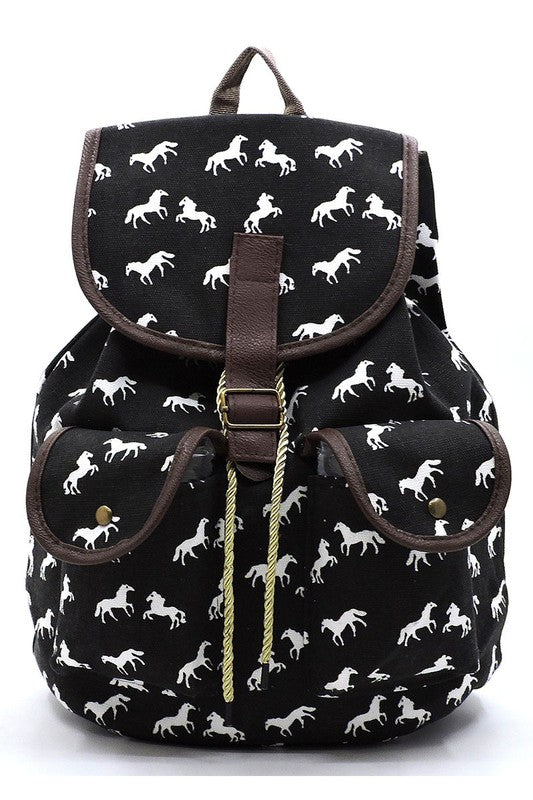 Horse Printed Canvas Backpack - bertofonsi